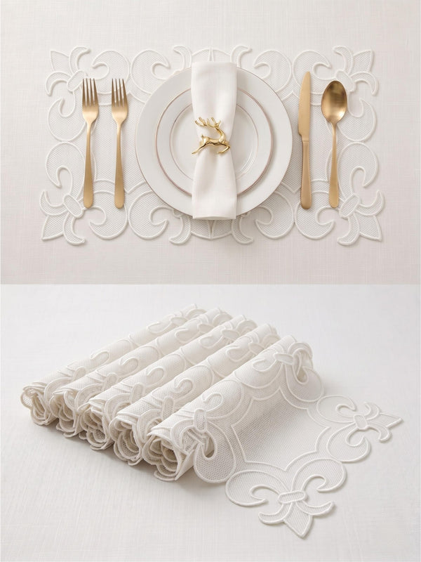 Handmade Decorative Place Mat, White, Lace-Inspired Floral Design, for Dining Table and Home Decor (Rectangular)