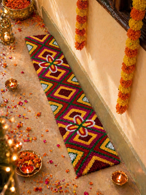 AGANTUK Handmade Festival Rangoli Door Mat Runner | Decorative Floor Decoration for Festival & Home Entrance (Brown)