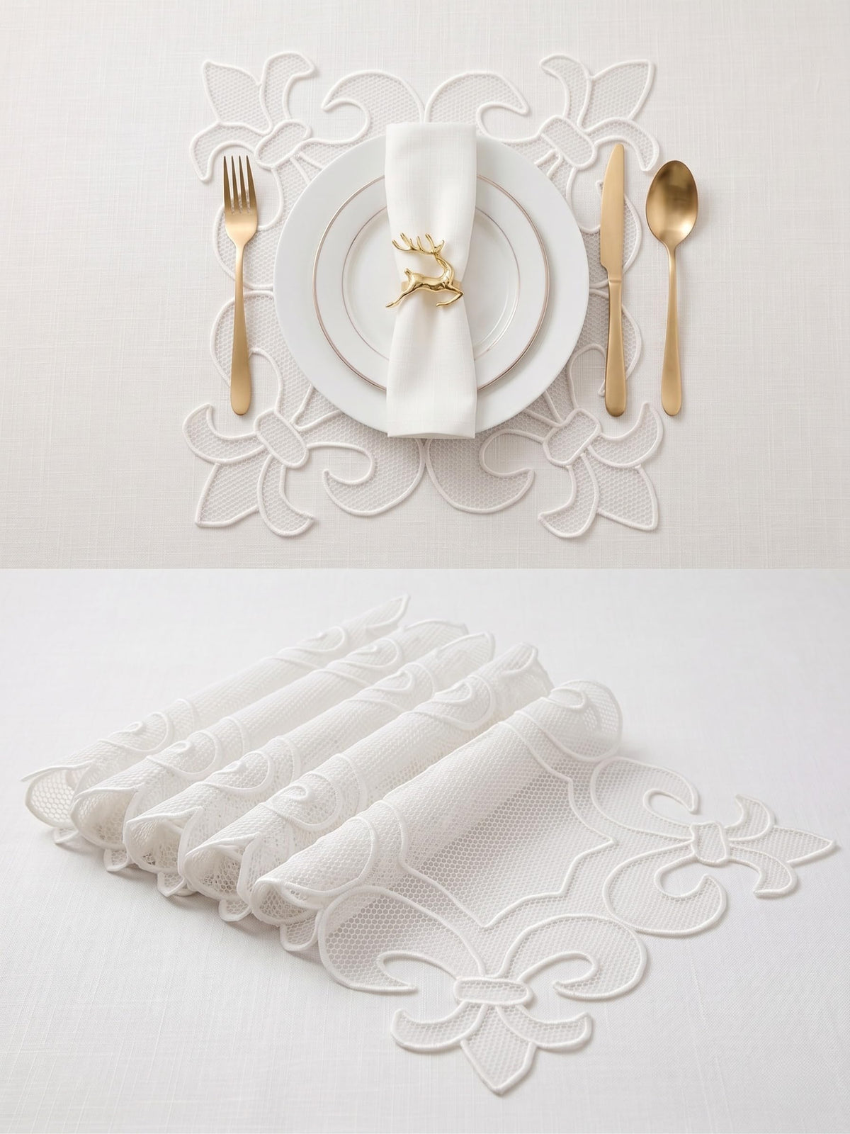 Handmade Decorative Place Mat, White, Lace-Inspired Floral Design, for Dining Table and Home Decor (White Square)
