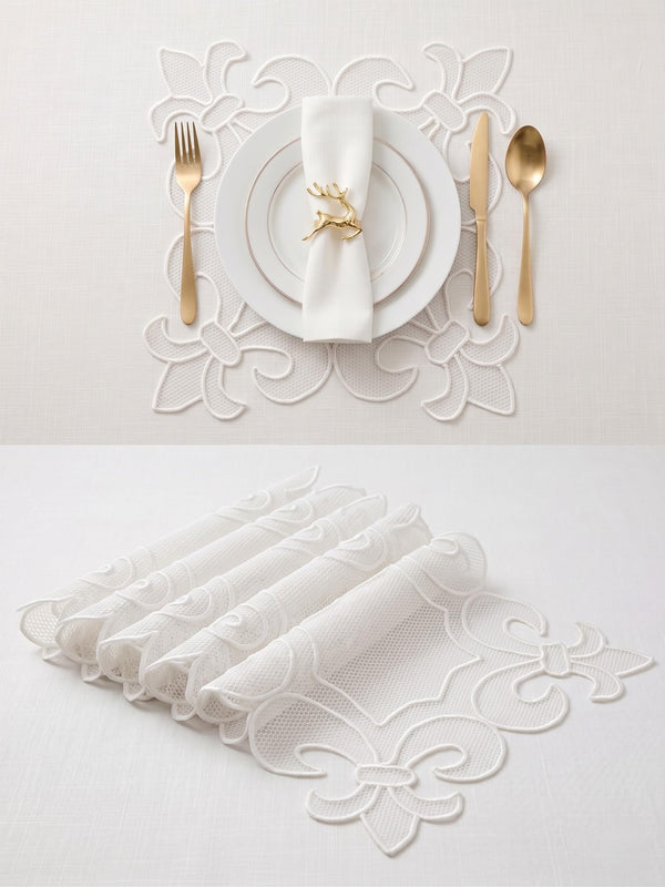 Handmade Decorative Place Mat, White, Lace-Inspired Floral Design, for Dining Table and Home Decor (White Square)