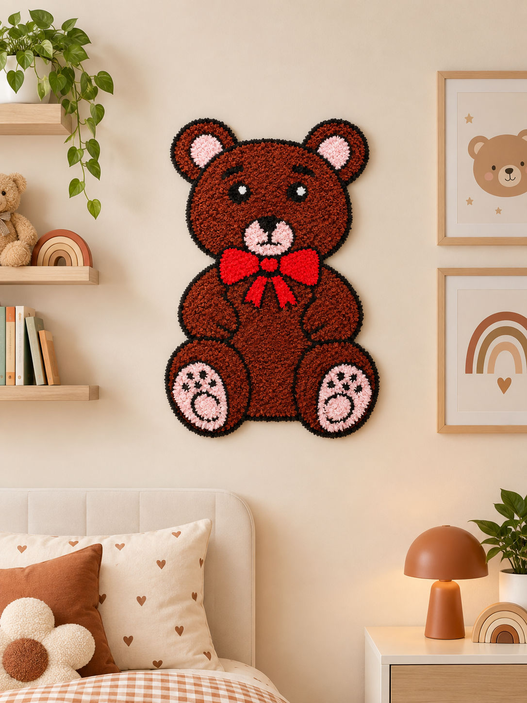 AGANTUK Handmade Brown Teddy Bear Shaped Wool Rexin Rangoli Mat for Home Decor