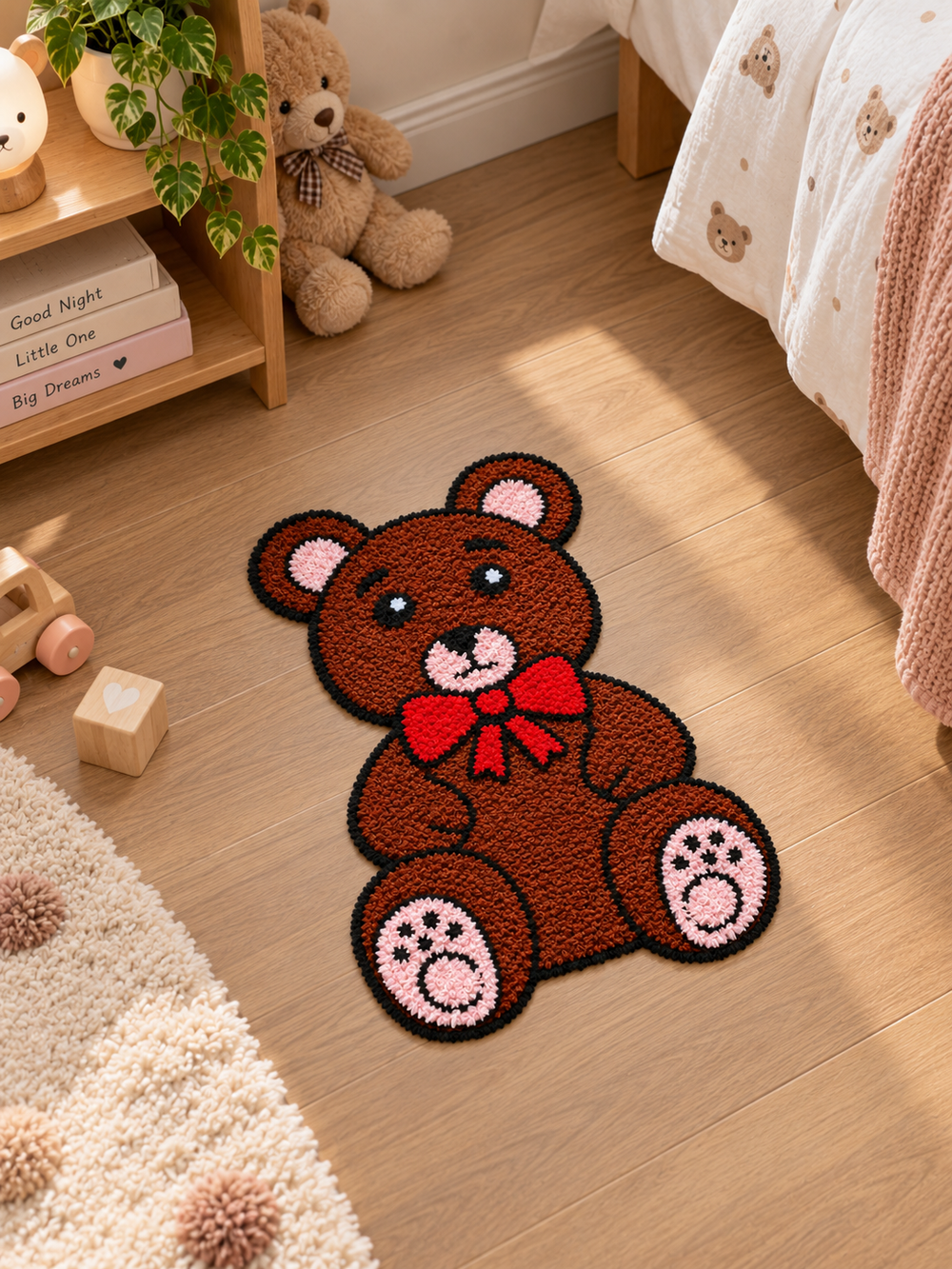AGANTUK Handmade Brown Teddy Bear Shaped Wool Rexin Rangoli Mat for Home Decor