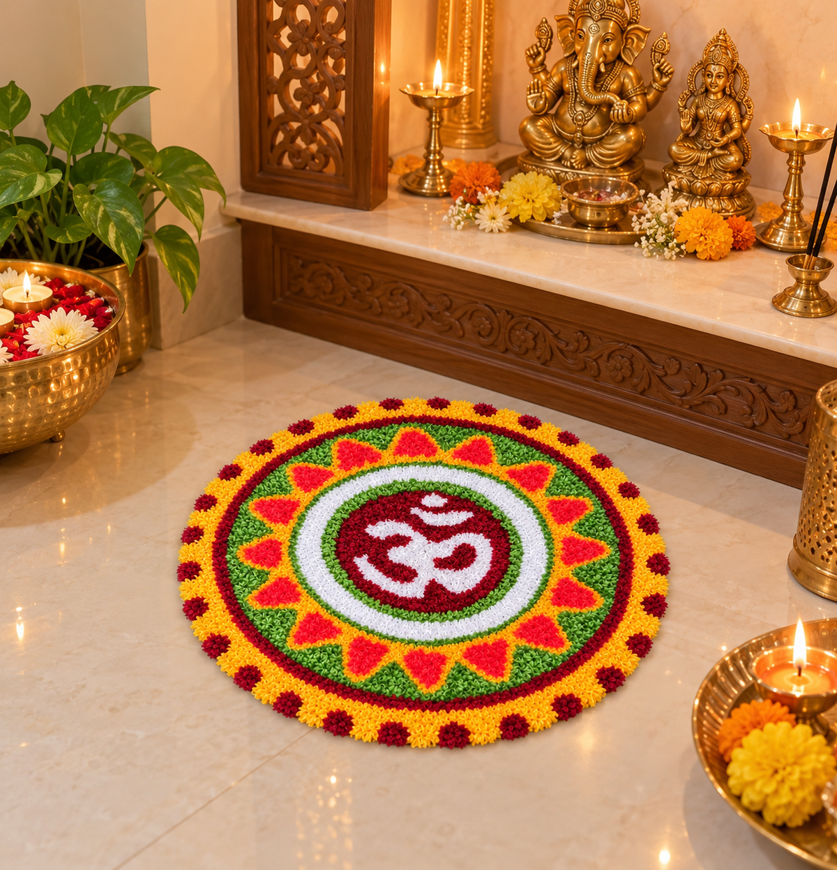 AGANTUK Handmade Wool Rangoli Mat with Om Design for Pooja & Home Decor