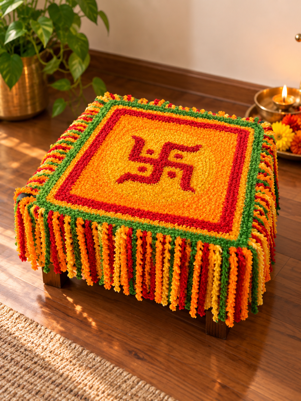 AGANTUK Handmade Multicolor Wool Rexin Rangoli Mat with Swastik Design & Tassels