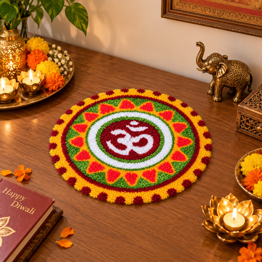 AGANTUK Handmade Wool Rangoli Mat with Om Design for Pooja & Home Decor