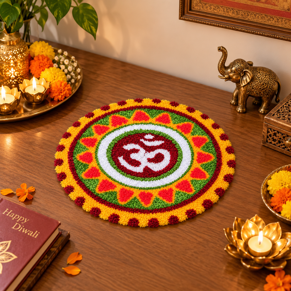 AGANTUK Handmade Wool Rangoli Mat with Om Design for Pooja & Home Decor