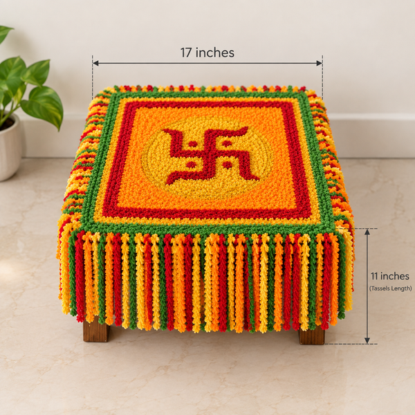 AGANTUK Handmade Multicolor Wool Rexin Rangoli Mat with Swastik Design & Tassels