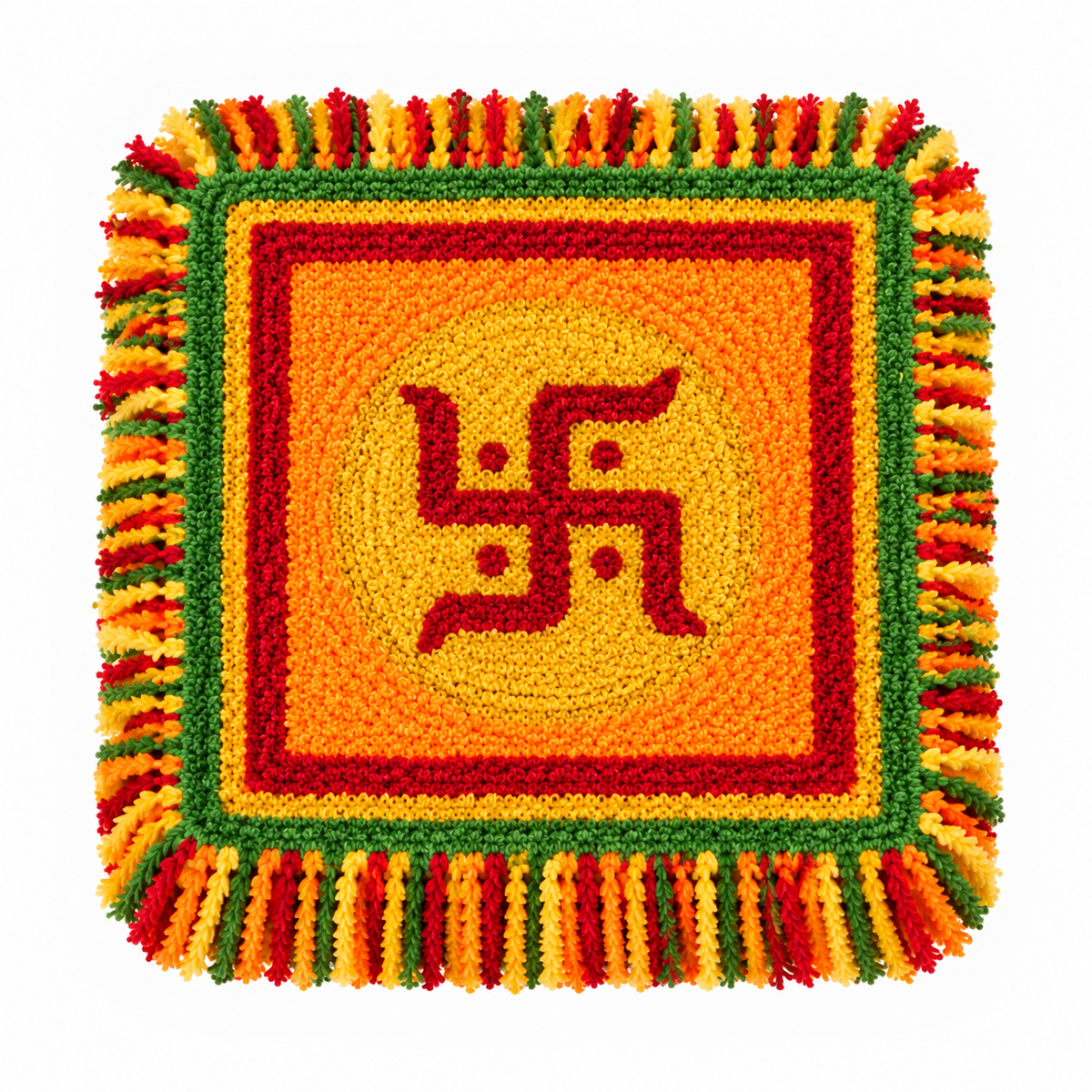 AGANTUK Handmade Multicolor Wool Rexin Rangoli Mat with Swastik Design & Tassels