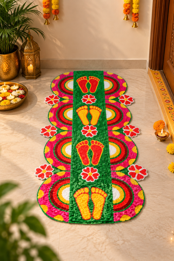 Agantuk Handmade Laxmi Footprint Wool Rexine Rangoli Mat for Diwali & Pooja Decor