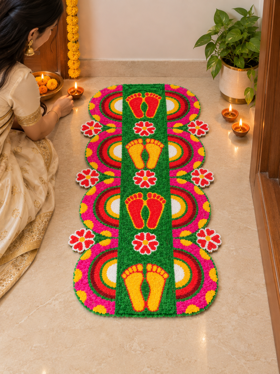 Agantuk Handmade Laxmi Footprint Wool Rexine Rangoli Mat for Diwali & Pooja Decor