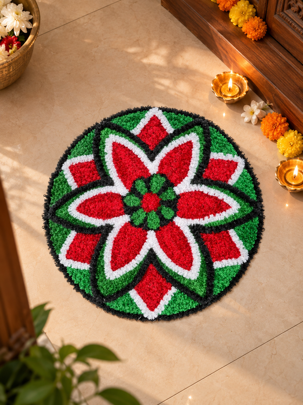 AGANTUK Handmade Red Green Wool Rexin Floral Rangoli Mat for Decor