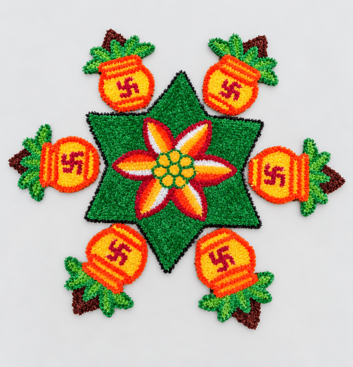 Agantuk Handmade Wool Rexine Rangoli Mat Set with 1 Flower & 6 Kalash