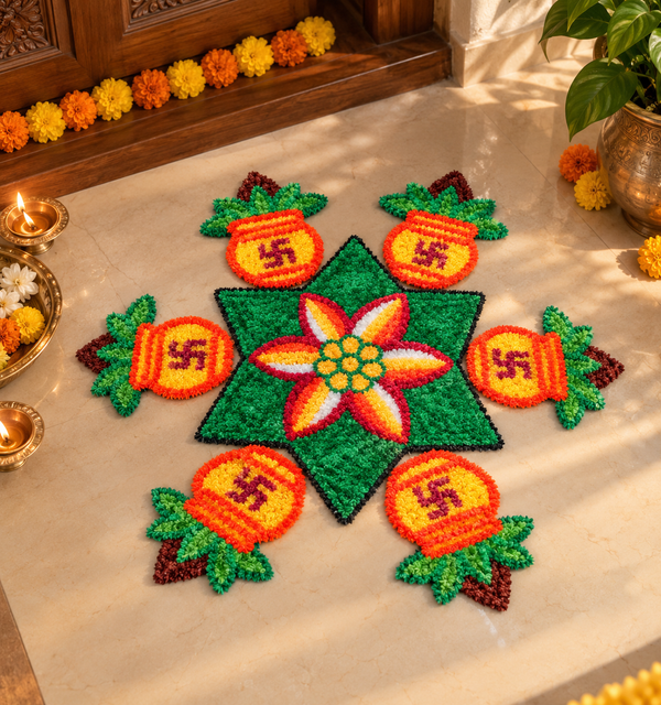 Agantuk Handmade Wool Rexine Rangoli Mat Set with 1 Flower & 6 Kalash