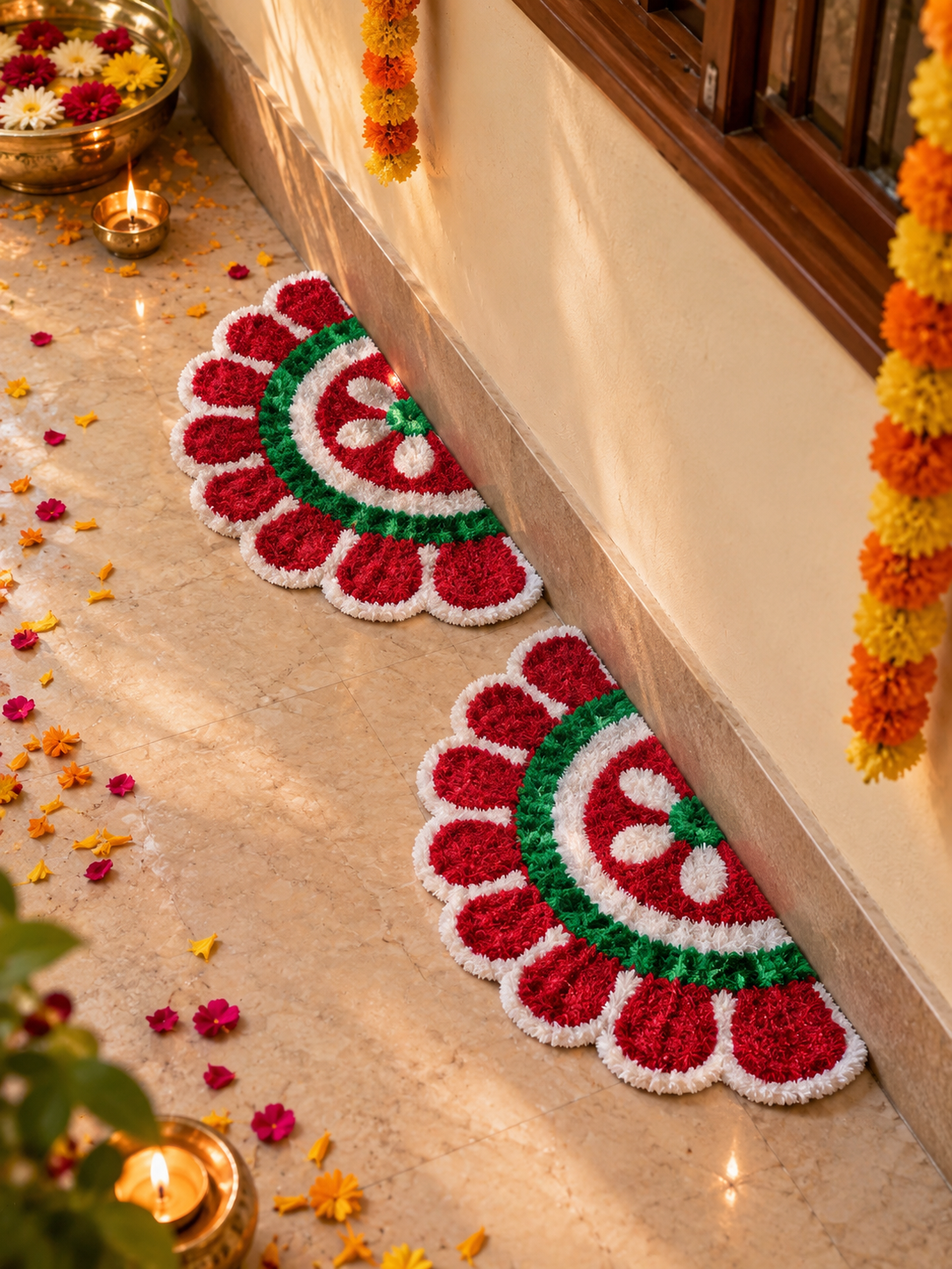 Agantuk Handmade 2-Piece Wool Rexine Flower Rangoli Mat for Festive Decor