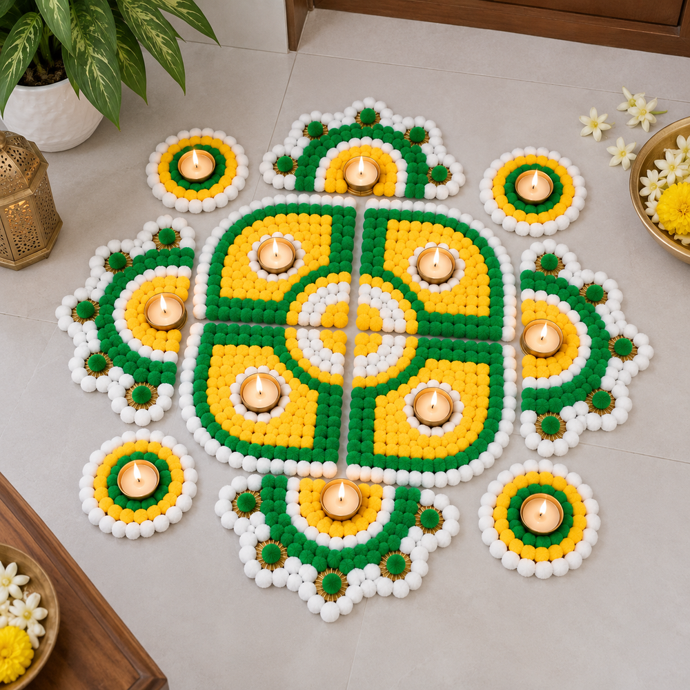 Agantuk Handmade Pom Pom Rexine Rangoli Mat Set for Diwali & Festive Decor