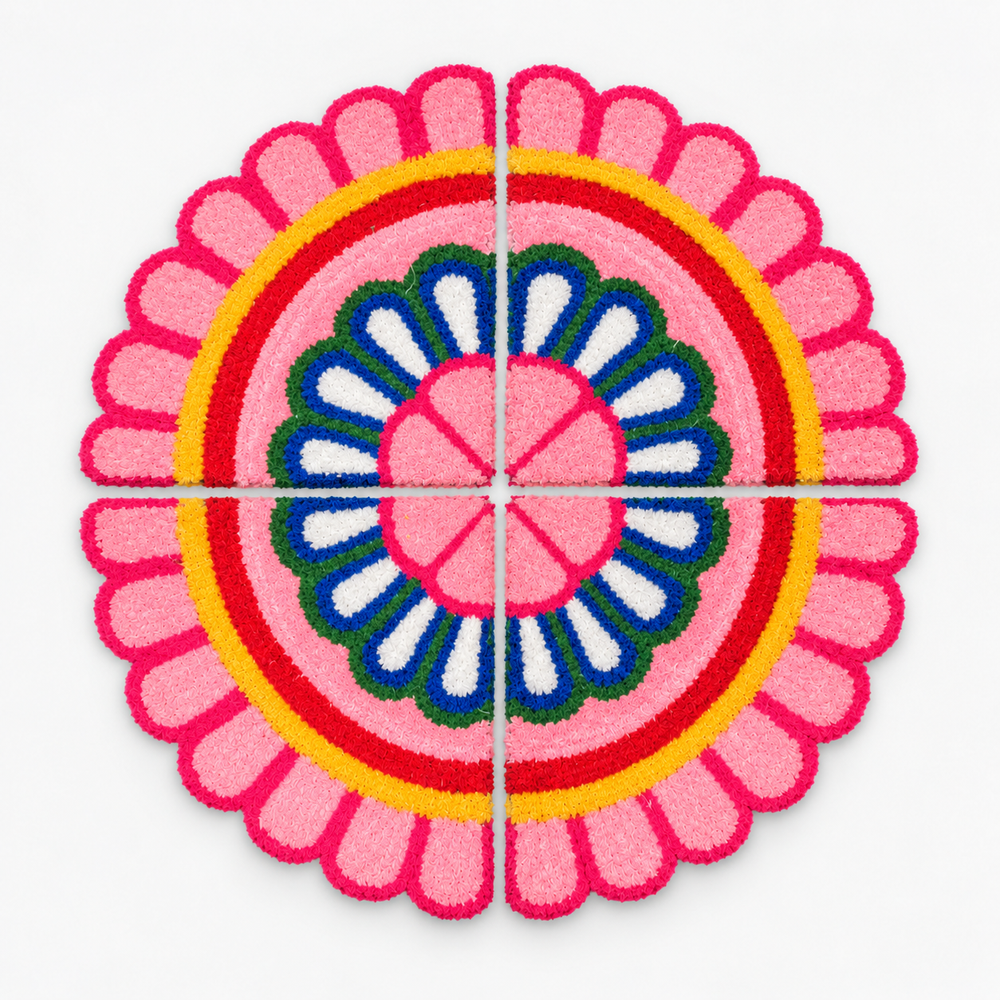 Agantuk Handmade 4-Piece Wool Rexine Flower Rangoli Mat for Festive Decor