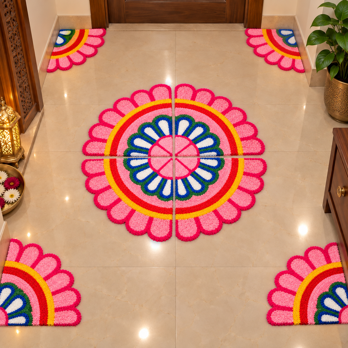 Agantuk Handmade 4-Piece Wool Rexine Flower Rangoli Mat for Festive Decor