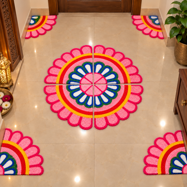 Agantuk Handmade 4-Piece Wool Rexine Flower Rangoli Mat for Festive Decor